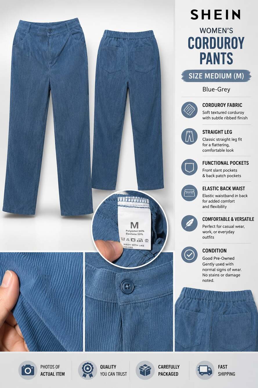 SHEIN Women's Blue-Grey Corduroy Straight Leg Pants